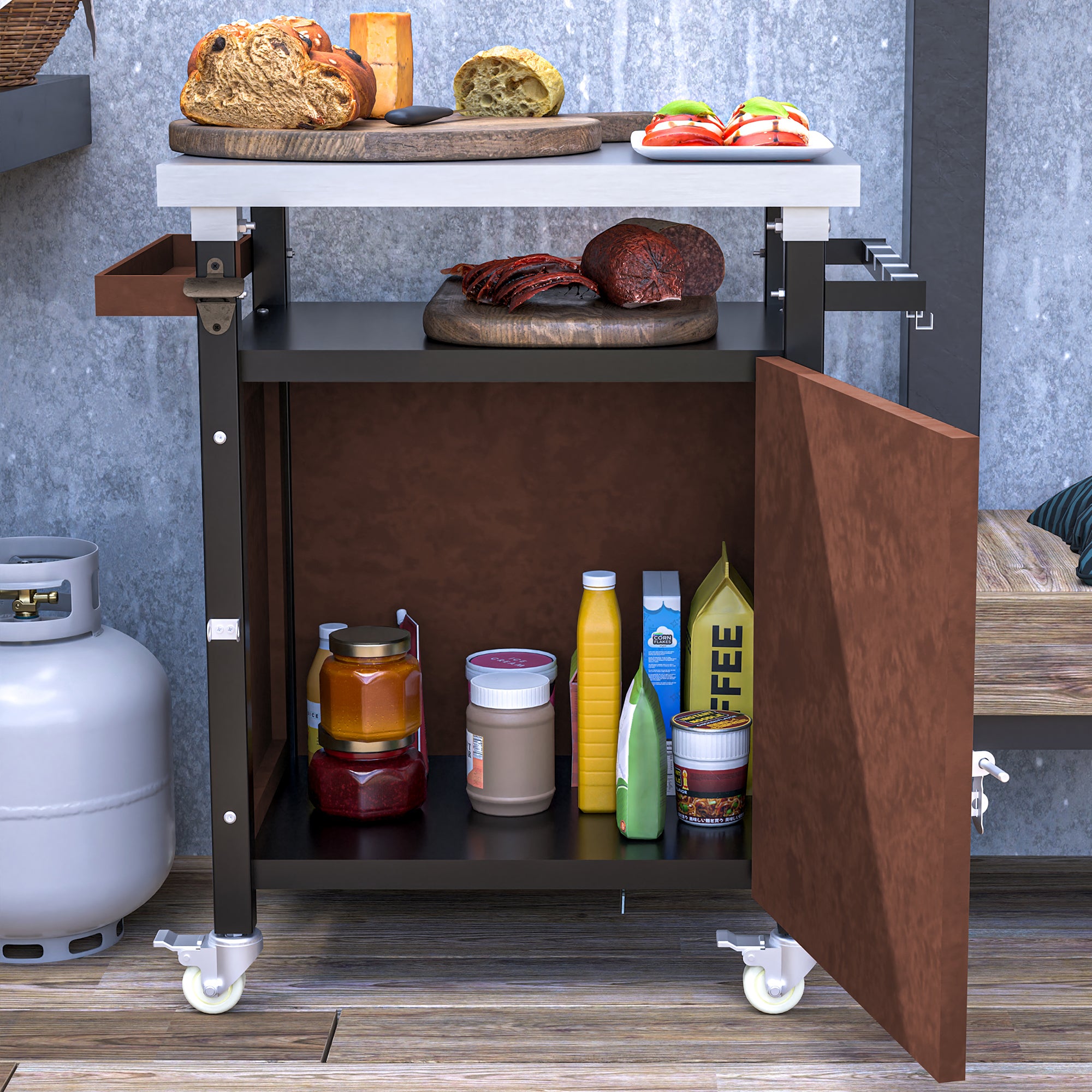 Outdoor Grill Cart with Stainless Steel Tabletop, Storage, Patio Kitchen Island with Wheels, Hooks, and Spice Rack, Waterproof Outdoor Grill Table, Movable BBQ Serving Cart Rolling Bar Cart - Grand Goldman Shop