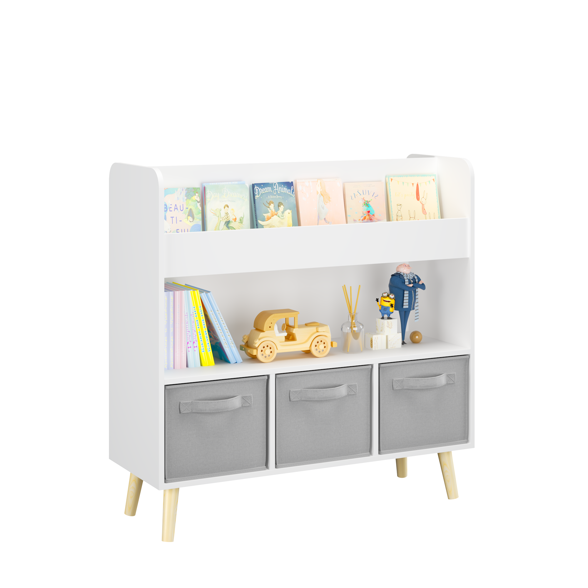 Kids Bookshelf with 3 Fabric Bins, Modern Children's Bookcase with Storage for Toys and Books, Toddler Book Organizer Shelf f