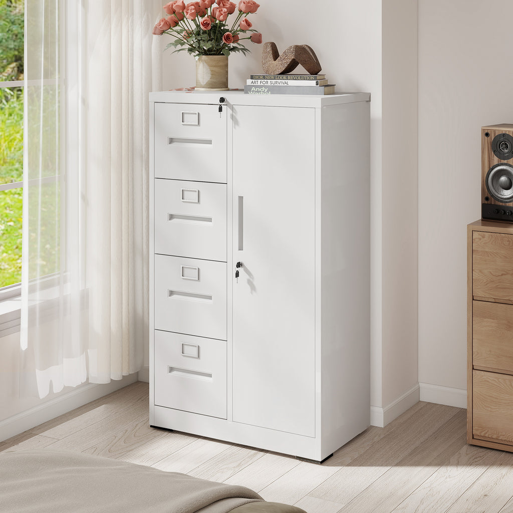 Metal Storage Vertical Filing Cabinet with Lock, Steel File Locker with 4 Drawers and 1 door for School, Living Room, Bedroom