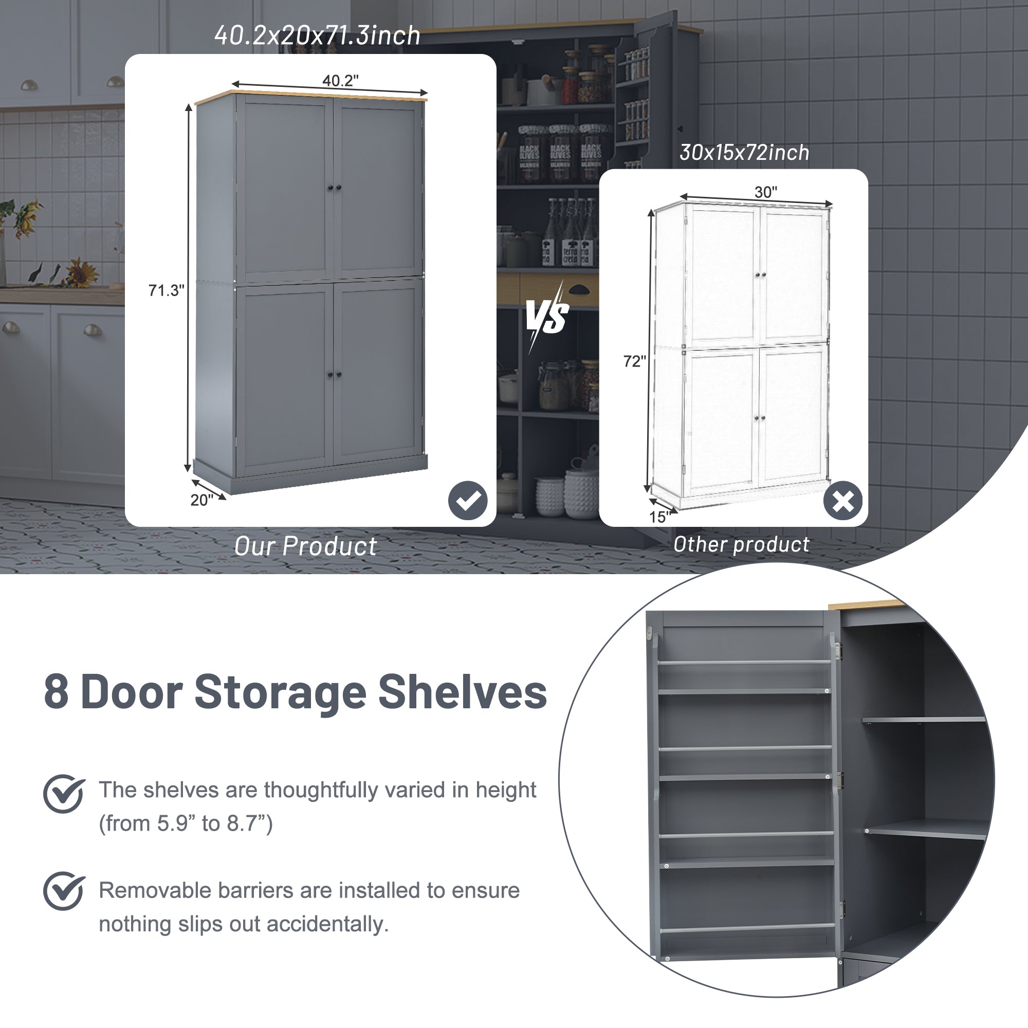 [Assembly Video Provided]TOPMAX 40.2x20x71.3inch High Freestanding Kitchen Pantry Large Cupboard Storage Cabinet with 2 Drawers, 2 Adjustable Shelves, 8 Door Shelves for Kitchen, Dining Room,Gray - Grand Goldman Shop