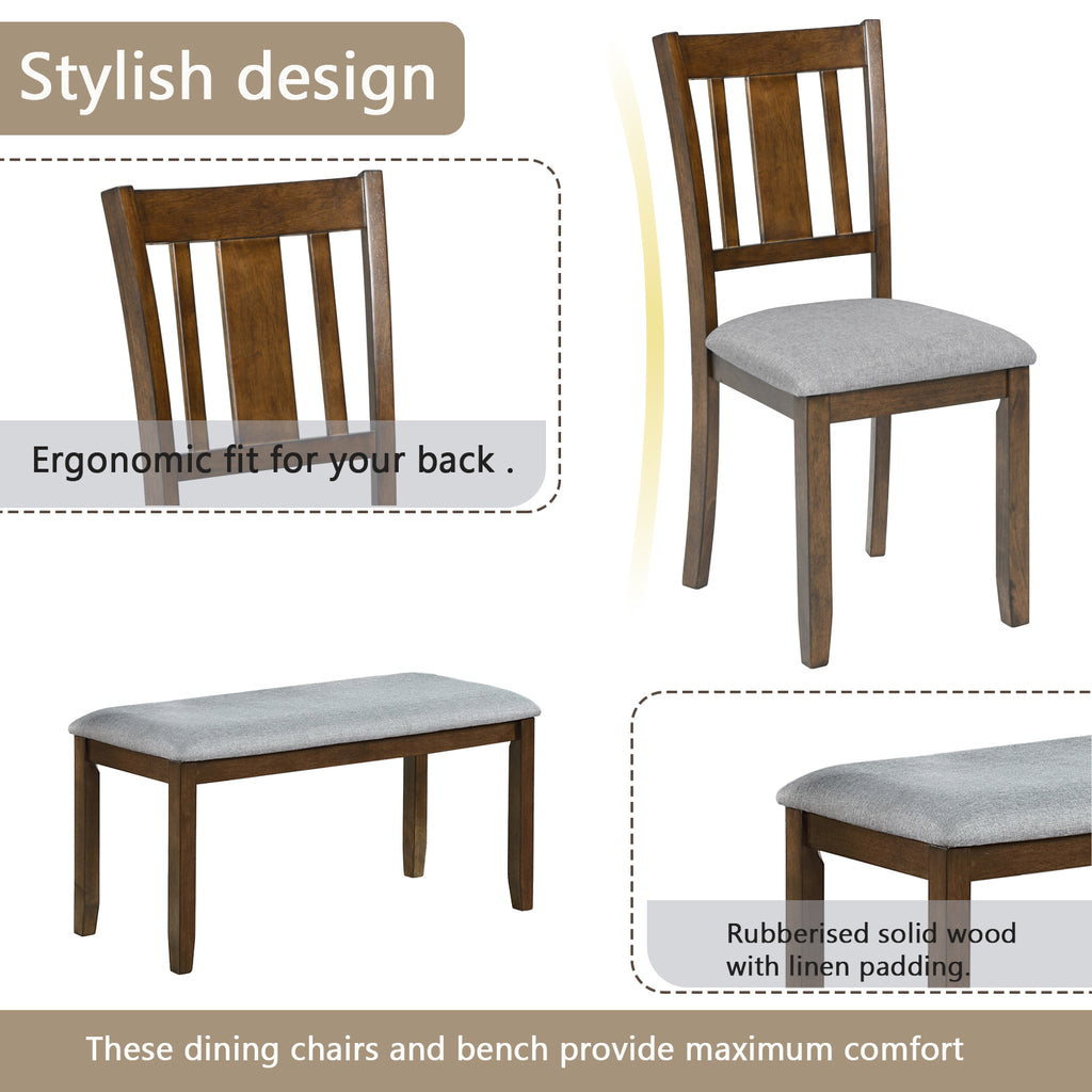 6PCs Kitchen Dining Set, Rectangular Wooden Dining Table with 4 Upholstered Chairs and a Bench, Dining Table Set for 6 People, Living Room, Home Bar and Kitchen, Walnut - Grand Goldman Shop