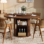 55-inch round dining table for six, featuring a double-tiered storage rack and a rotating tabletop tray. Wooden wavy-striped sliding doors. Ideal for home dining room living room (Walnut). - Grand Goldman Shop