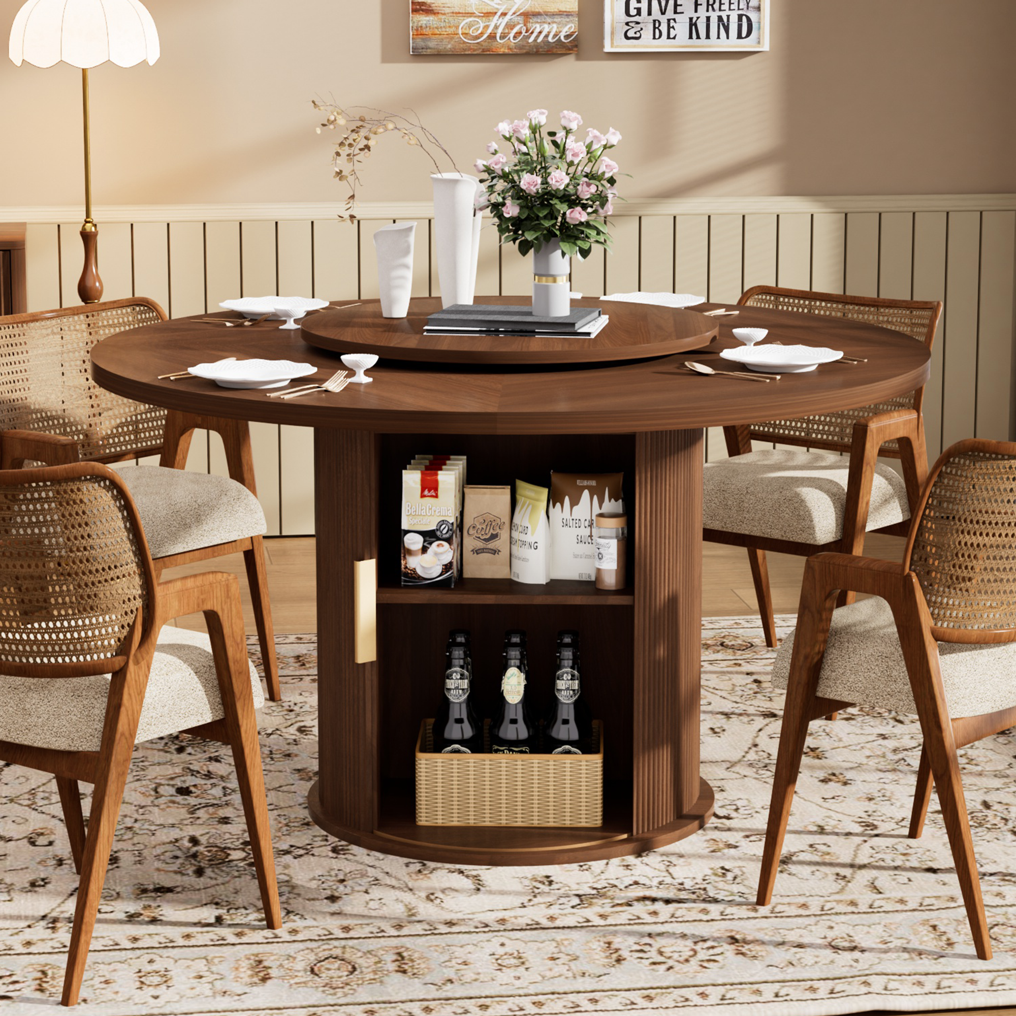 55-inch round dining table for six, featuring a double-tiered storage rack and a rotating tabletop tray. Wooden wavy-striped sliding doors. Ideal for home dining room living room (Walnut). - Grand Goldman Shop