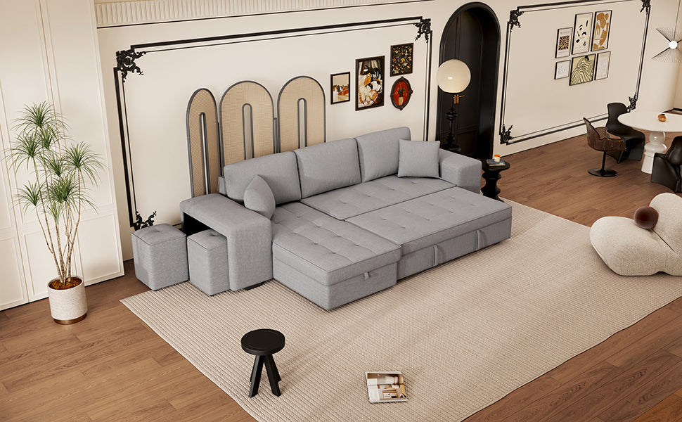 Modern Reversible L-Shape Pull Out Sleeper Sofa with Storage Chaise and Stools, Gray Linen, 104.5' - Grand Goldman Shop