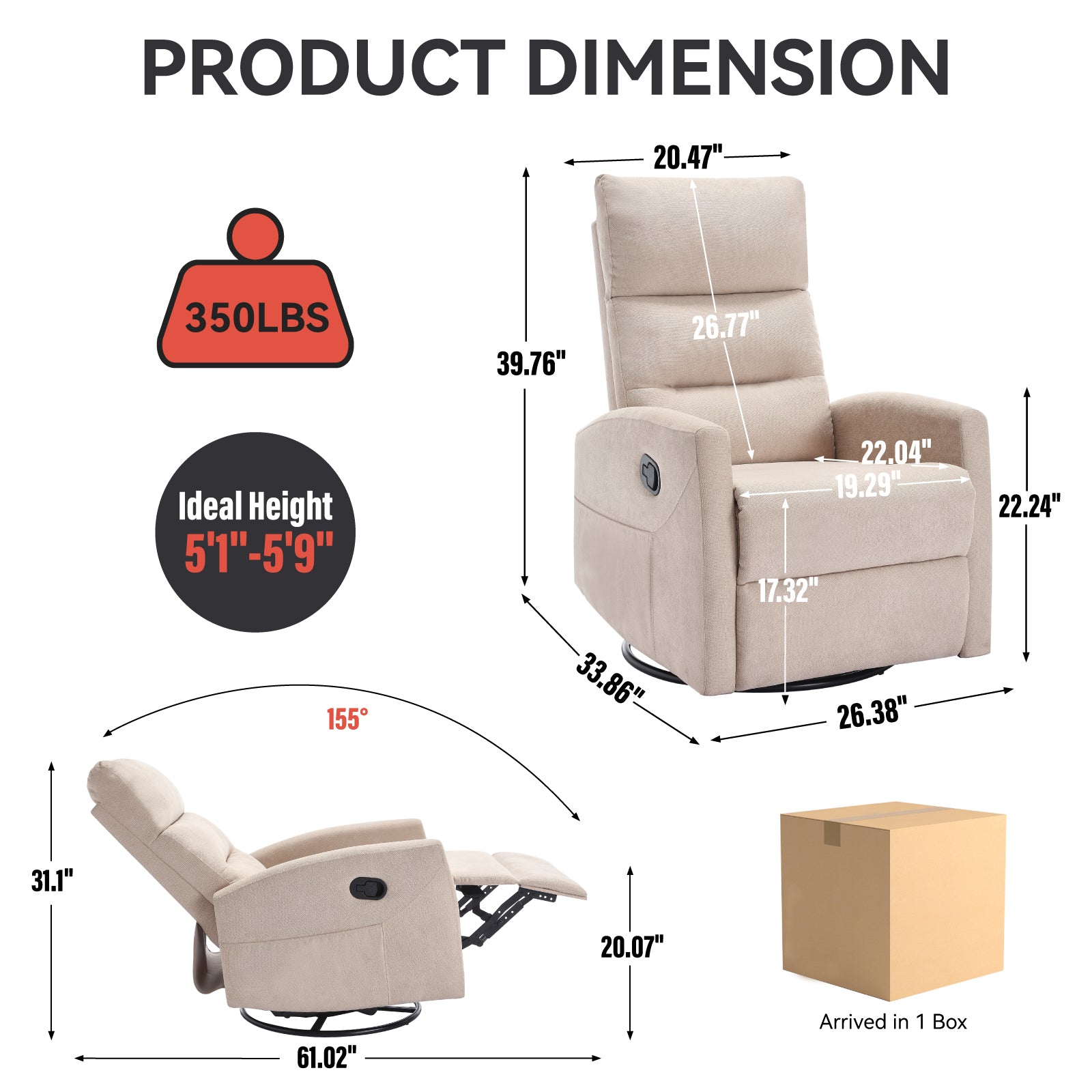 Manual Recliner Chair with Rocker and Swivel in Fabric for Living Room, Beige - Grand Goldman Shop