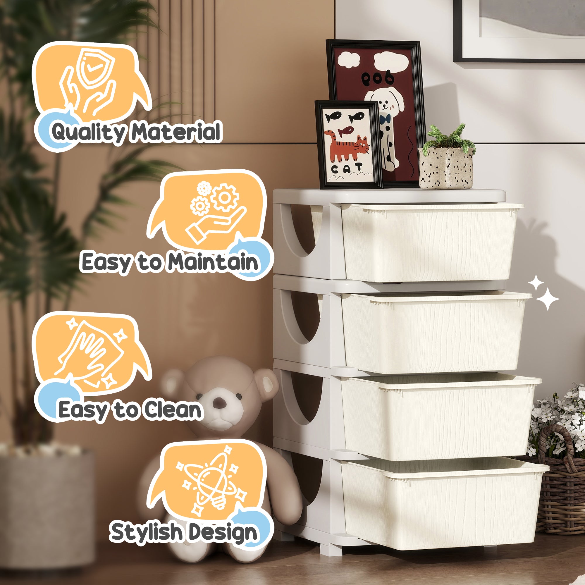 Qaba 4 Tier Kids Storage Unit, 4 Drawer Chest Toy Organizer Plastic Bins for Kids Bedroom Nursery Kindergarten Living Room fo