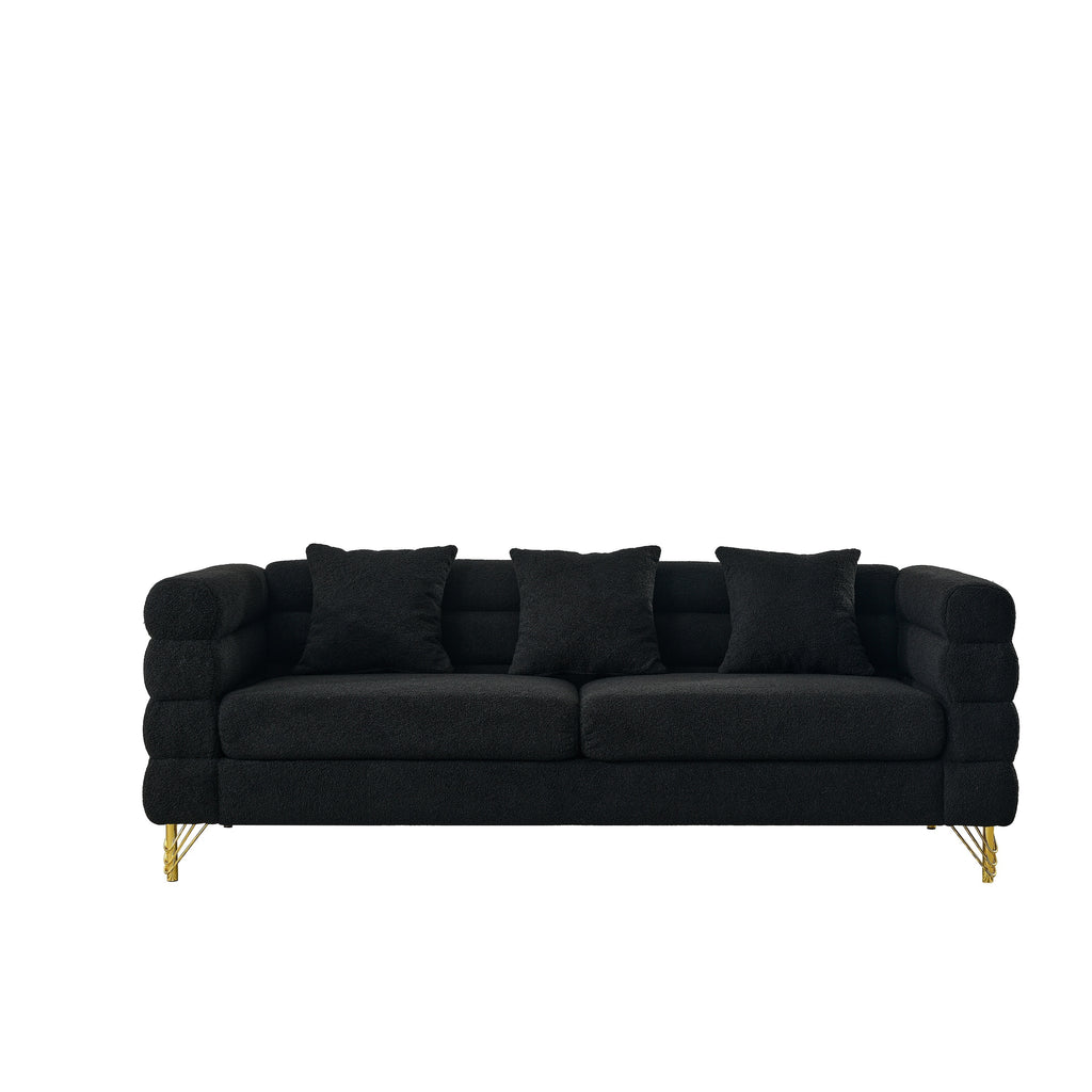 Streamline Modern 81 Inch Oversized 3 Seater Sectional Sofa in Black Teddy Fabric with 3 Lumbar Pillows, Deep Seating Comfort for Living Room Bedroom Office - Grand Goldman Shop