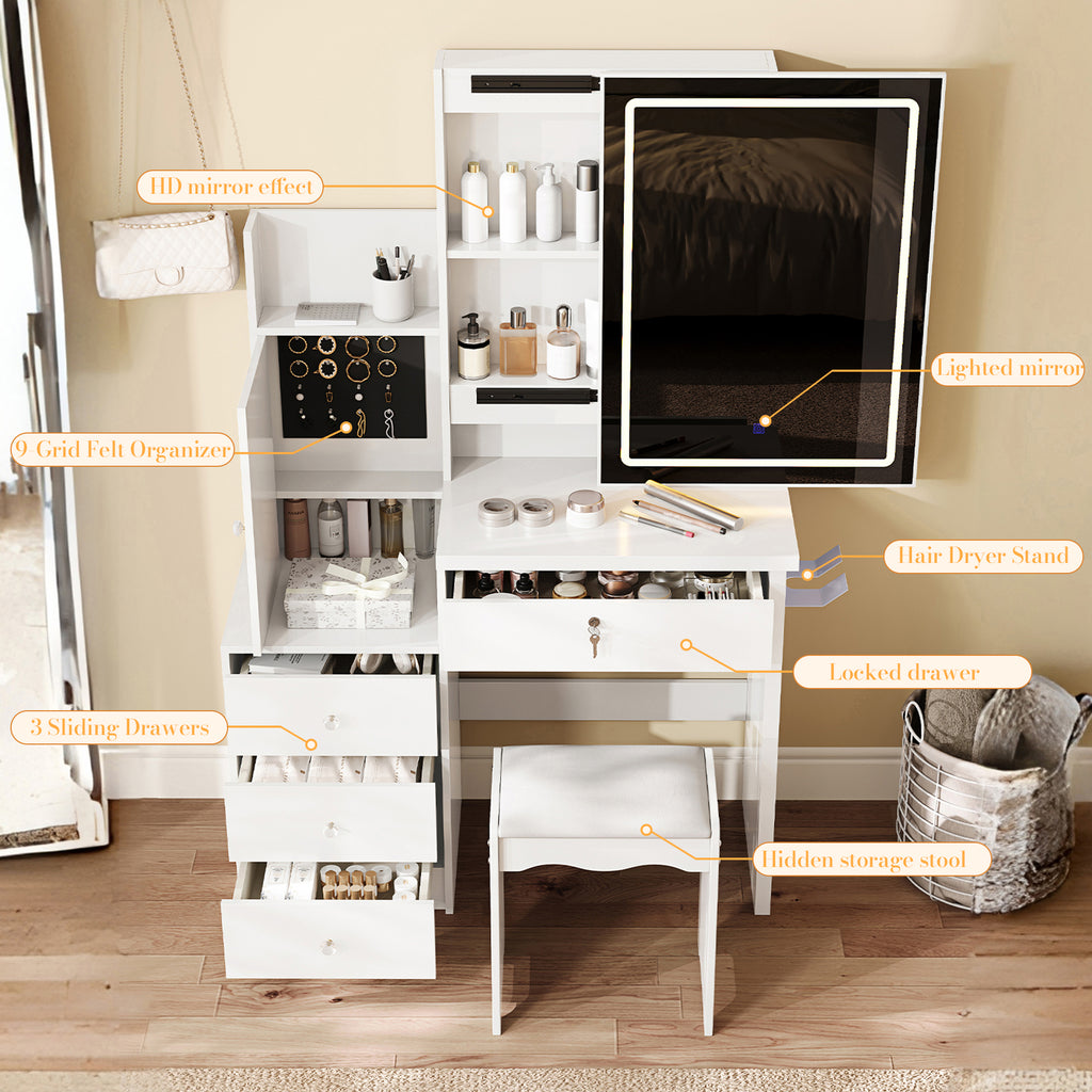 Vanity Desk Set with Sliding Lighted Mirror, Makeup Dressing Table with 4 Drawers & 9 Storage Spaces, Hidden Compartments and Cushioned Stool, White Beauty Furniture for Bedroom - Grand Goldman Shop