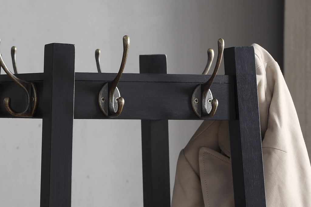 Vassen Coat Rack w/ 3-Tier Storage Shelves in Black Finish - Grand Goldman Shop