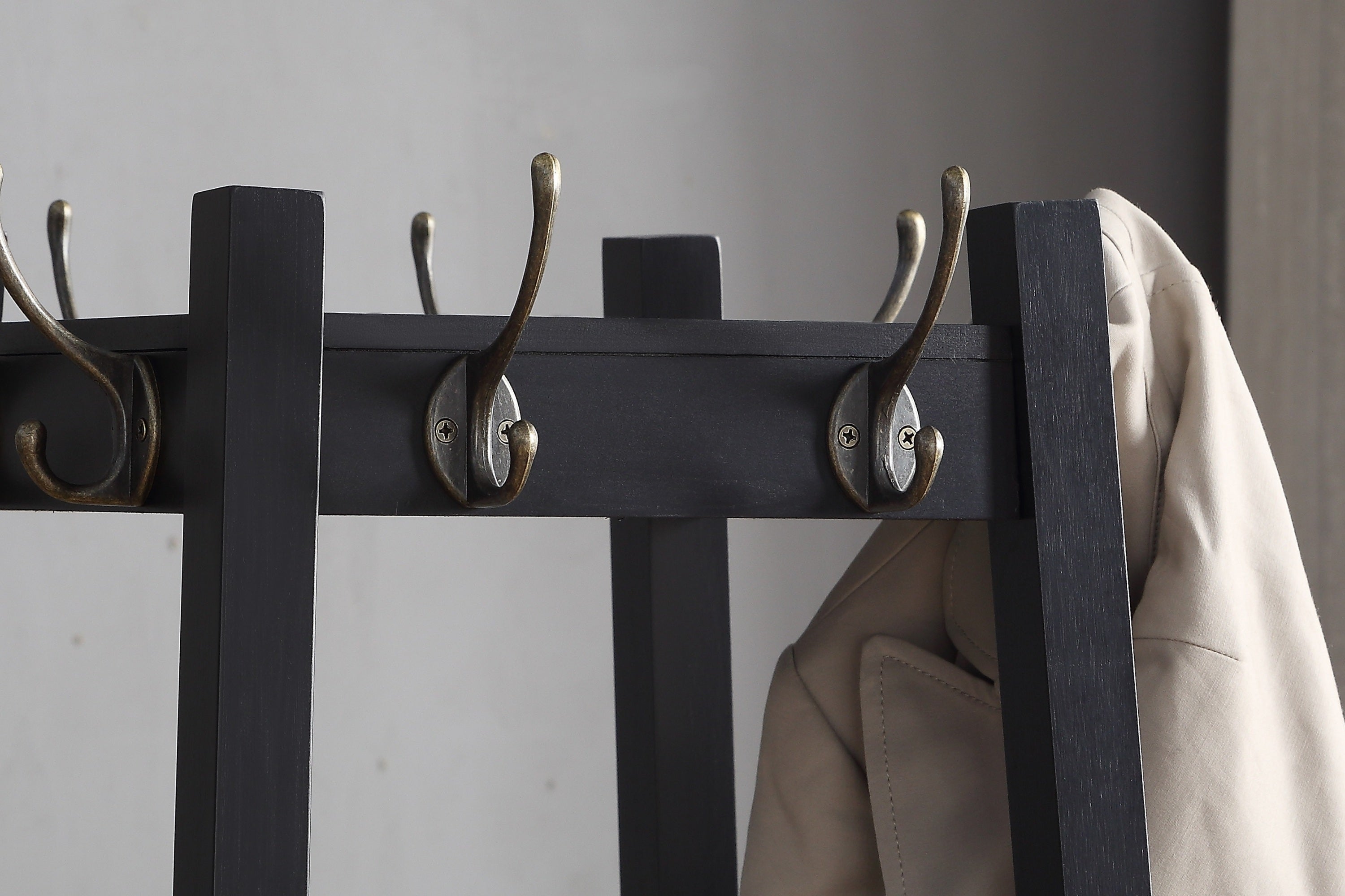 Vassen Coat Rack w/ 3-Tier Storage Shelves in Black Finish - Grand Goldman Shop