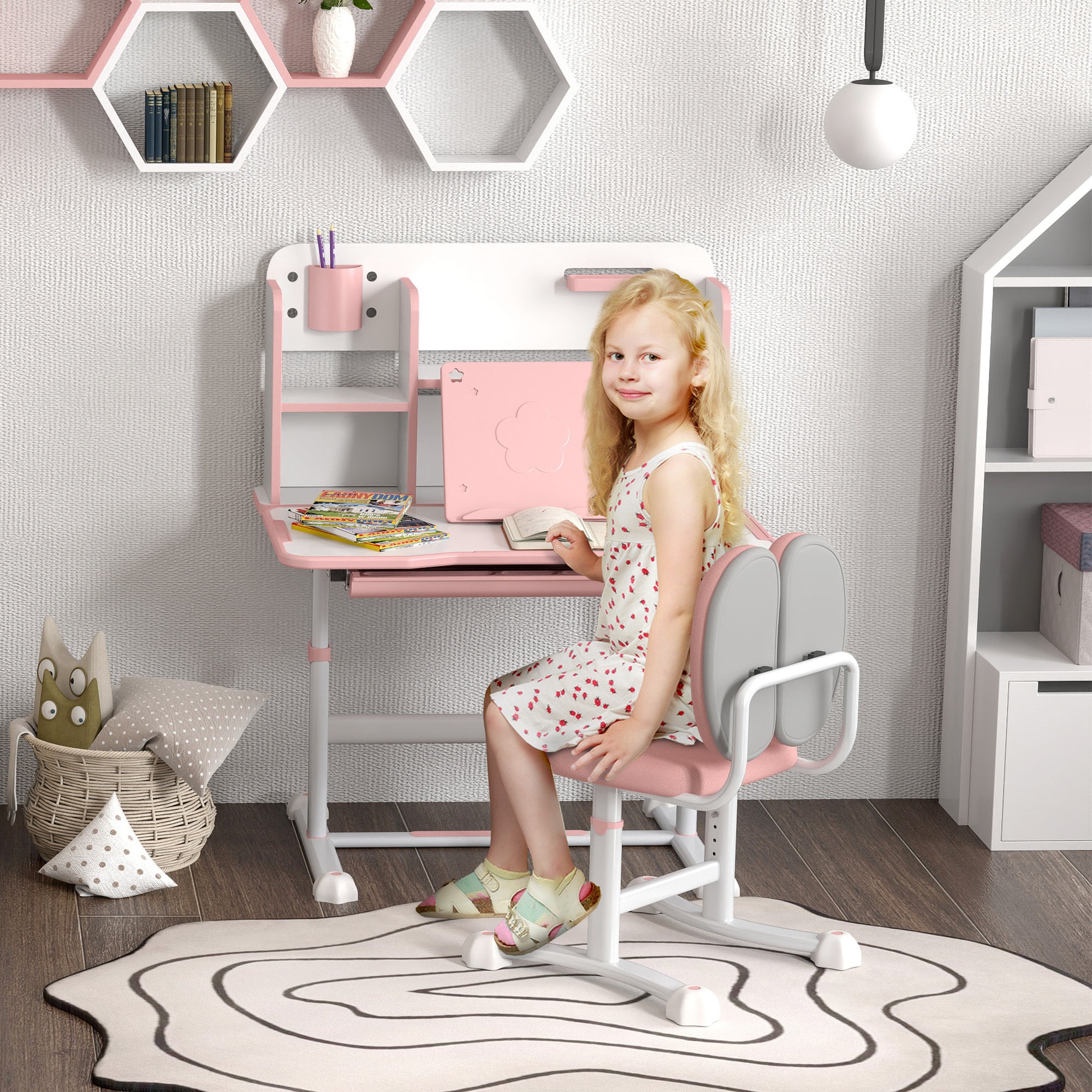 Qaba Kids Desk and Chair Set, Height Adjustable Kids School Study Desk and Chair Set with Tilt Desktop, Storage Drawer and Re