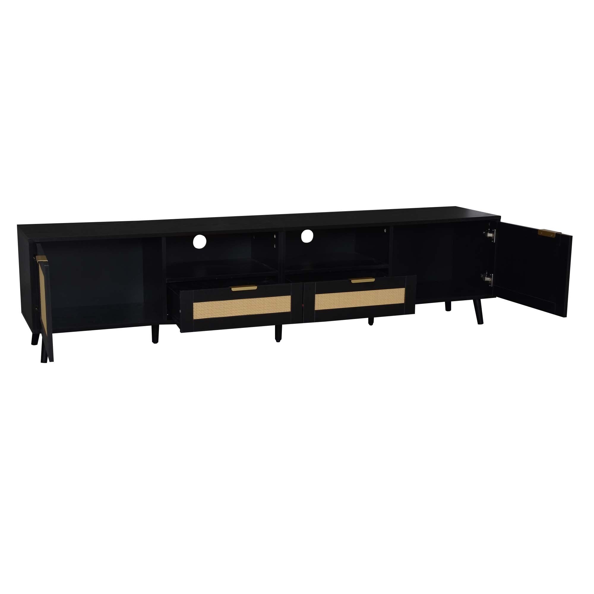 Modern Farmhouse Rattan TV Stand for TVs up to 85'', Black MDF and Solid Wood Media Console with Cable Management, 78.74'' L x 14.6'' W x 18.9'' H - Grand Goldman Shop