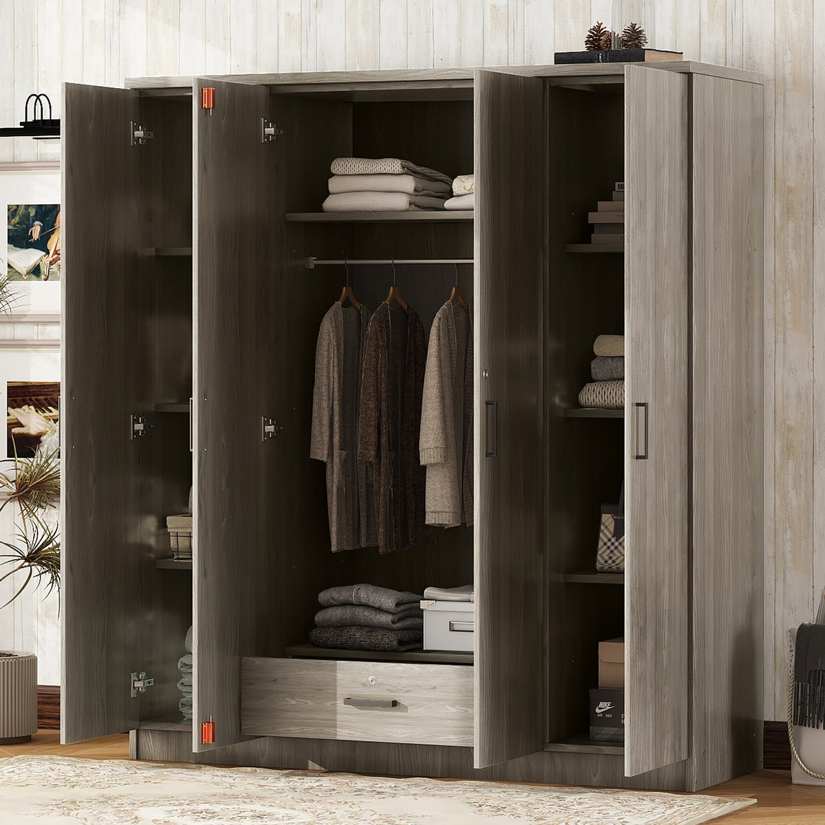 4-Door Wardrobe with 1 Drawer, Gray - Grand Goldman Shop