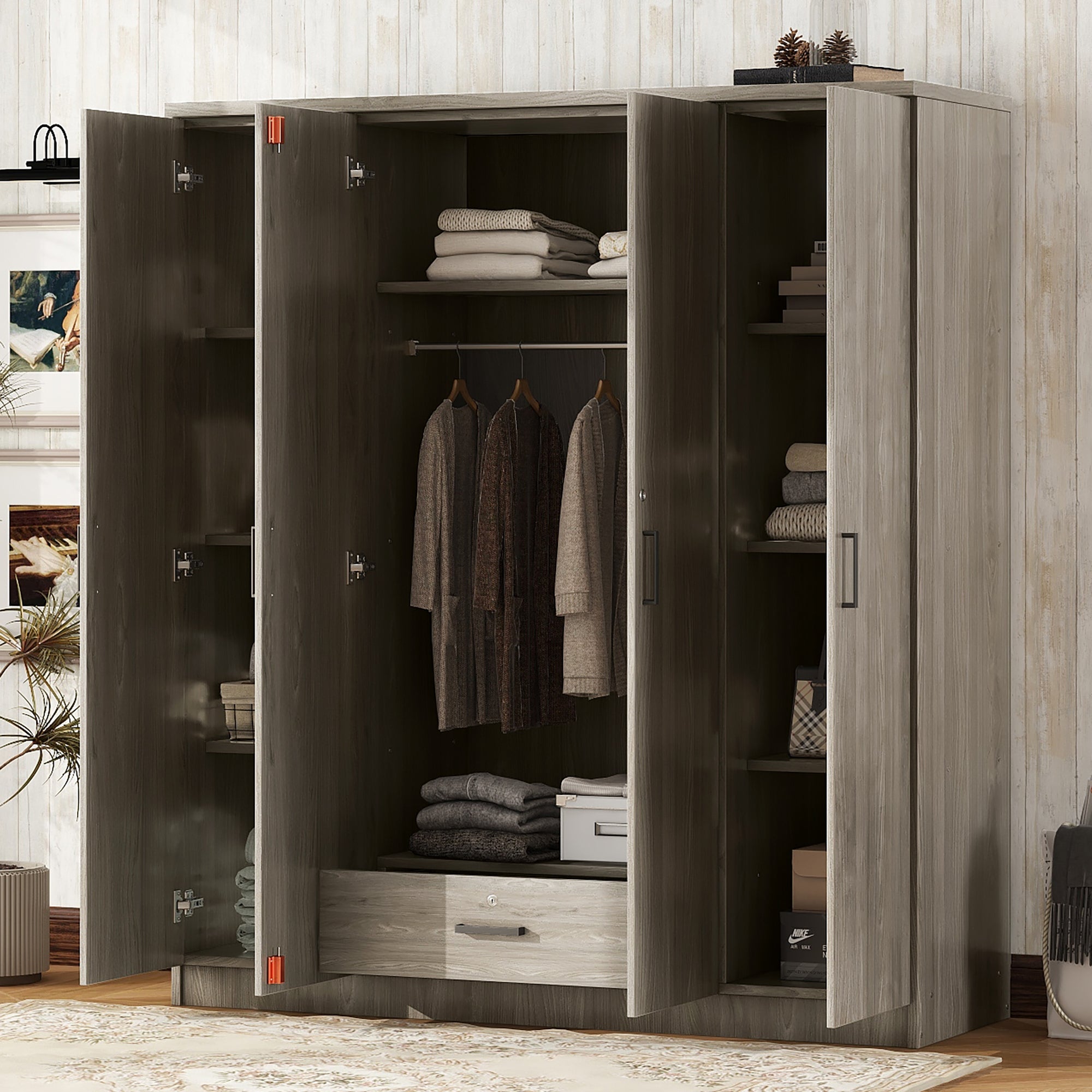 4-Door Wardrobe with 1 Drawer, Gray - Grand Goldman Shop