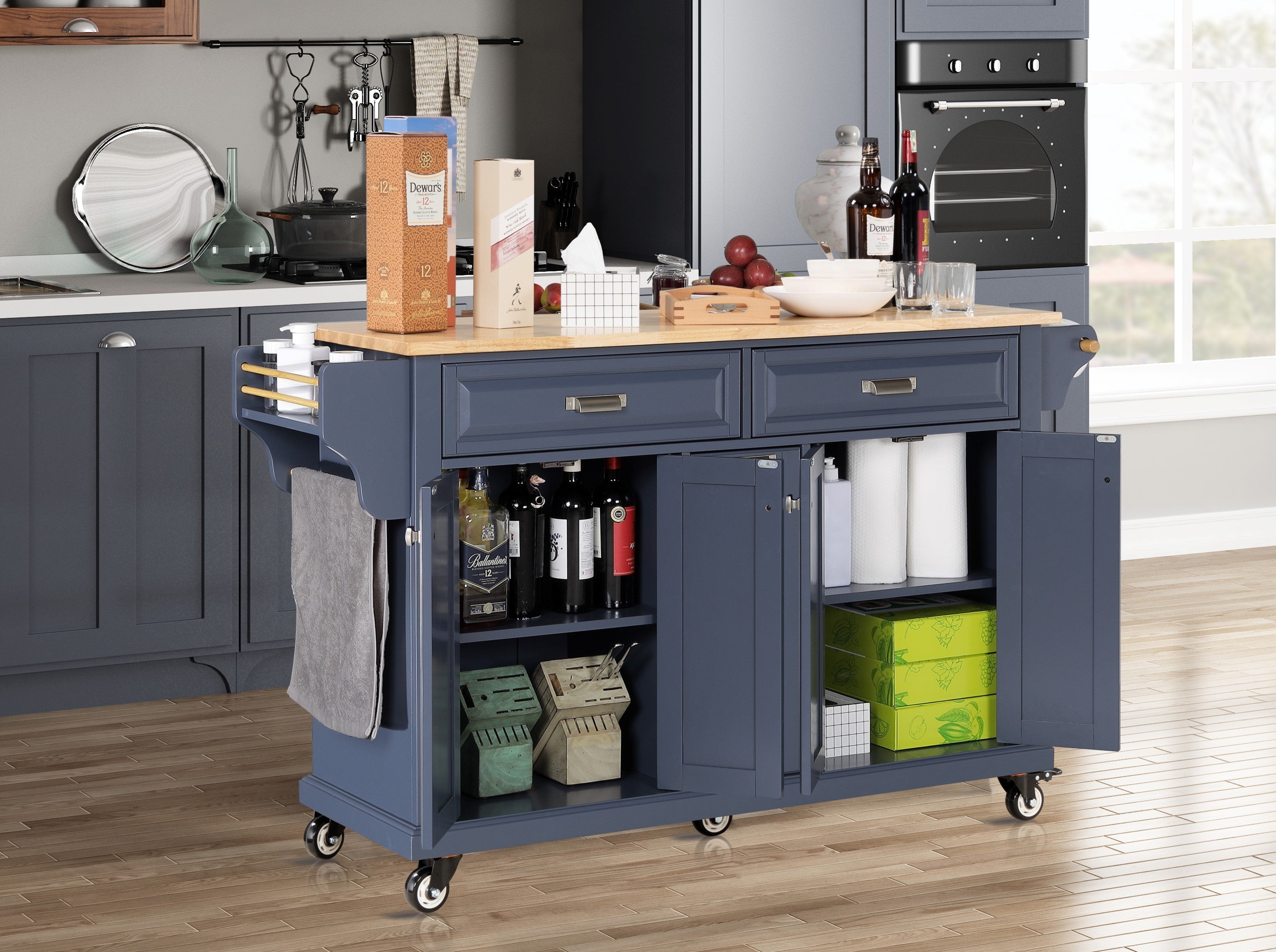 Kitchen Island with Rubber wood Countertop, Kitchen Cart on 5 Wheels with Storage Cabinet and 2 Top Drawers and A center double layered storage drawer for Dinning Room, Blue - Grand Goldman Shop