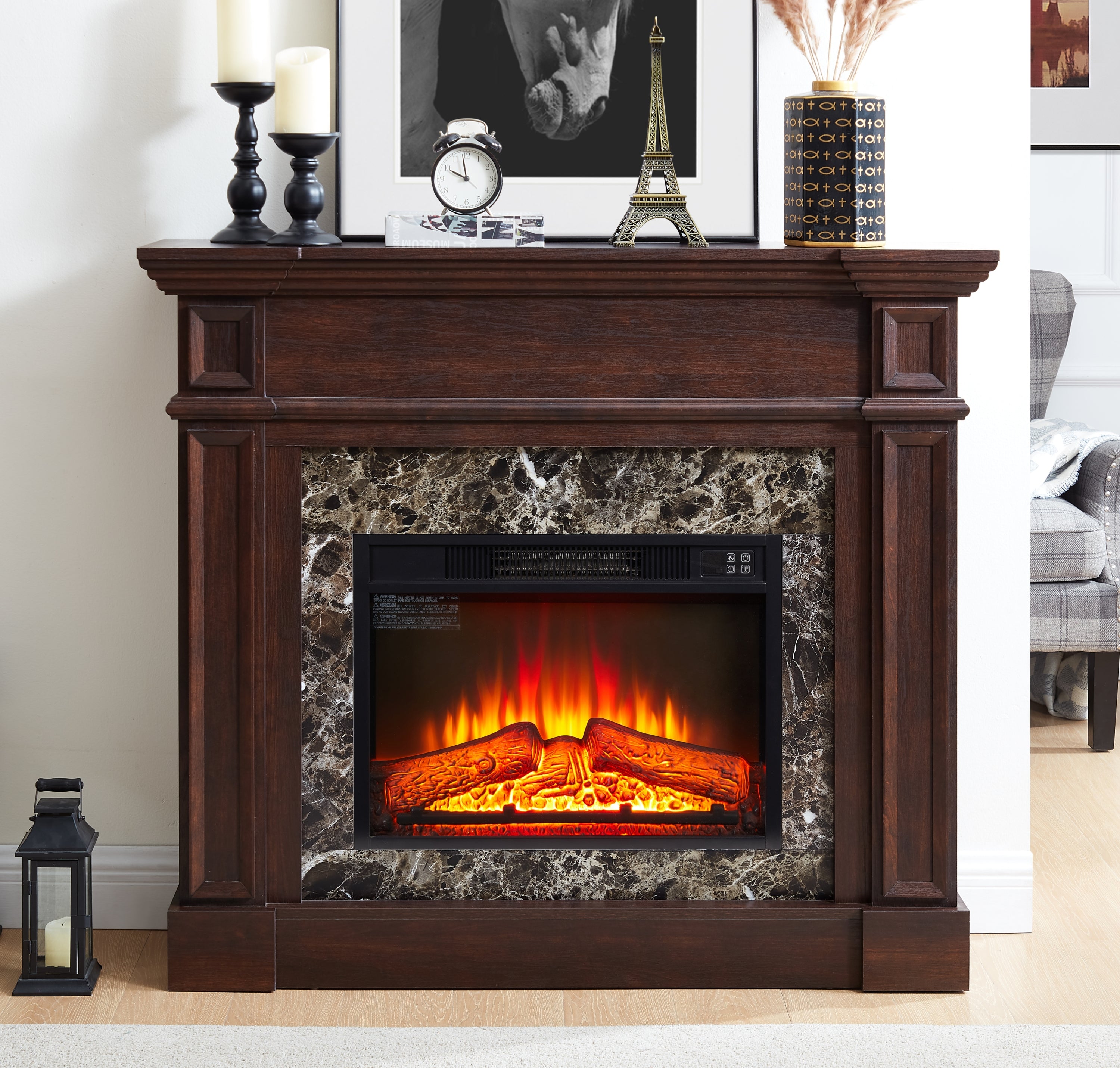 Electric Fireplace with Mantel, Fireplace Mantel, Fireplace Heater Freestanding, Realistic Stacked Stone Surround with Remote Control Timer LED Flame, Cherry, 45.66'W*11.8'D*40'H - Grand Goldman Shop