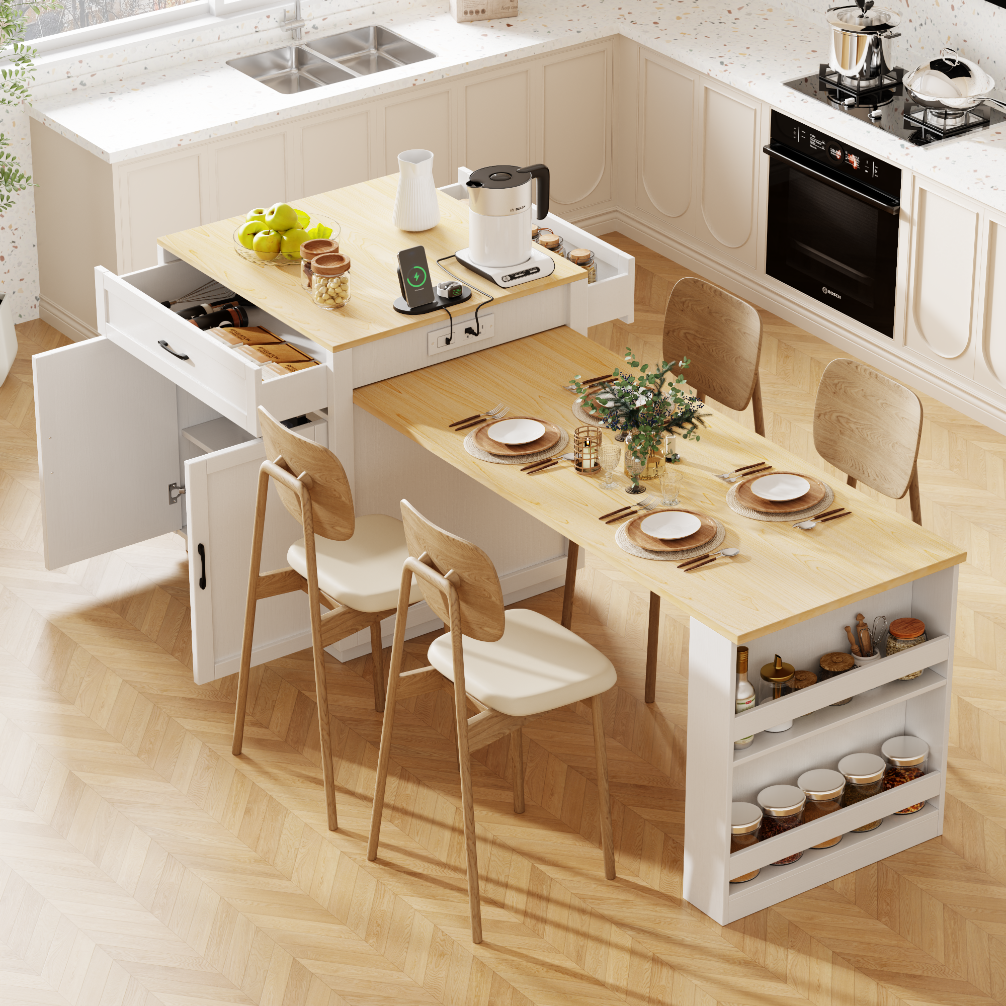 K&K 82.7 inch Kitchen Island with Extendable Dining Table for 4-6 Person,Two-tone Kitchen Table with Double-sized Storage, Power Outlet, Kitchen island with Storage 2 Drawers 2 Side Open Shelves,White - Grand Goldman Shop