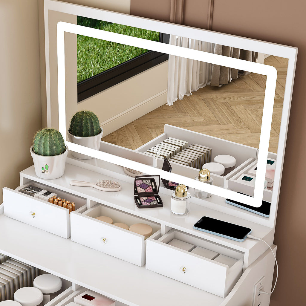 Modern White Vanity Desk with Large Mirror, Power Outlet & Hair Dryer Holder, Adjustable Lighting, 5 Drawers - Grand Goldman Shop