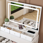Modern White Vanity Desk with Large Mirror, Power Outlet & Hair Dryer Holder, Adjustable Lighting, 5 Drawers - Grand Goldman Shop
