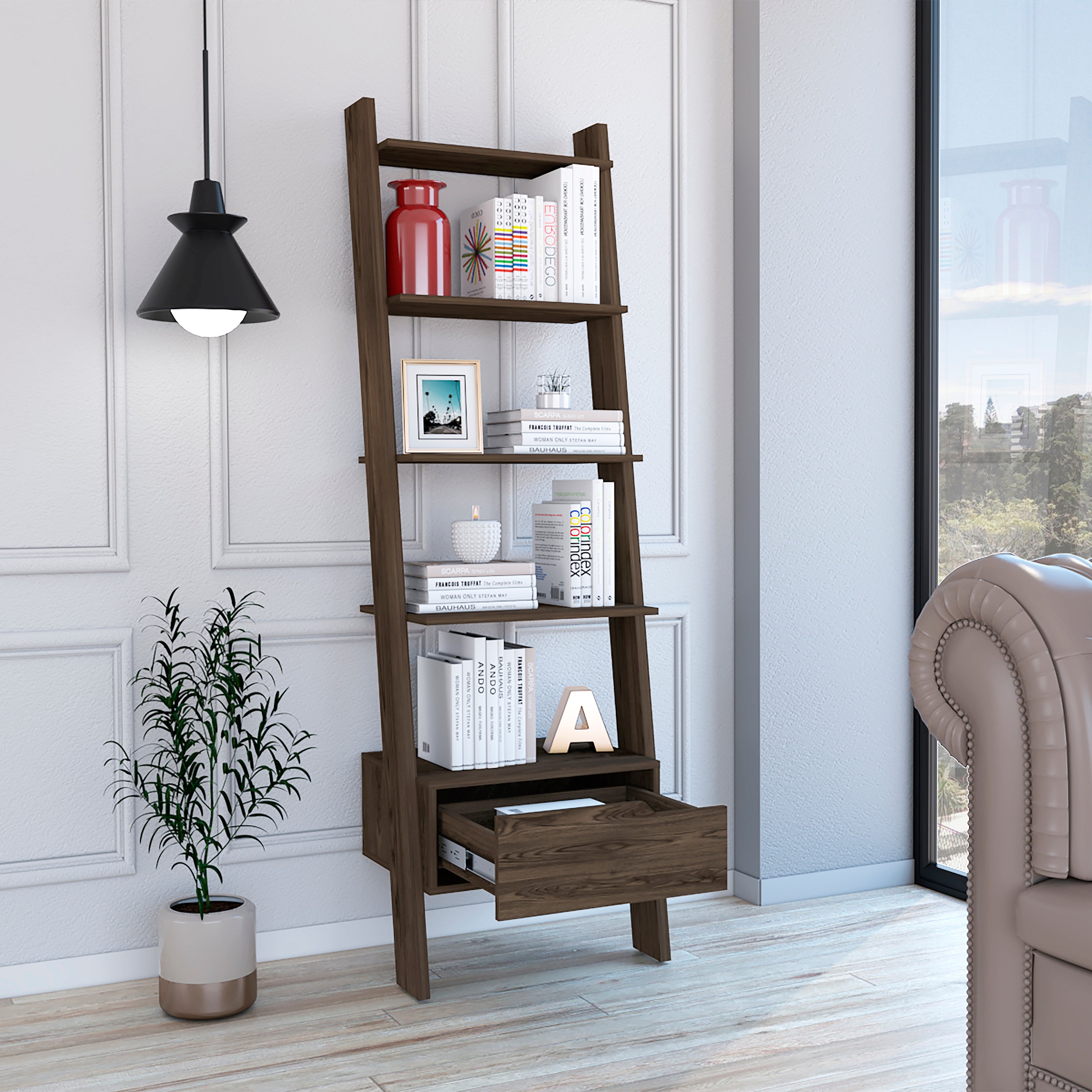 Hamburg Ladder Bookcase, Five Open Shelves, One Drawer | Premium Home Decor - Grand Goldman