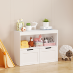 White Book Organizer with Large Drawers and Open Shelves, MDF Toy Storage Cabinet with Removable Wheels and Rounded Edges | P