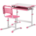 Qaba Kids Desk and Chairs Set, Height Adjustable Children School Study Desk with Tilt Desktop, Storage Drawer, Pen Slot, Hook