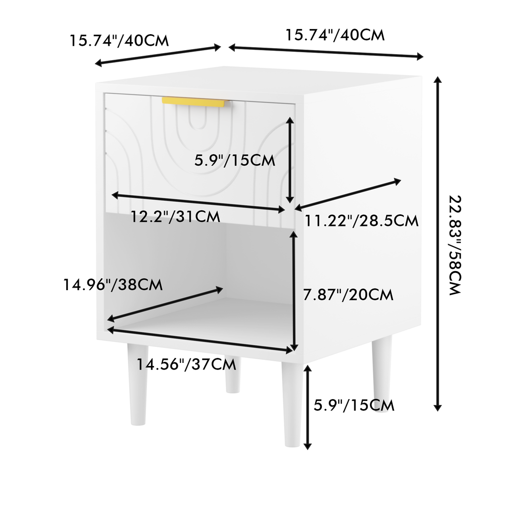 Modern White Nightstand with One Drawer and Open Shelf, Gold-Accented Handle, 22.83'' H, MDF, White - Grand Goldman Shop