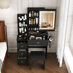 Modern Vanity Desk with 3 LED Lighting Modes, 4 Drawers, Open Shelves, Hair Dryer Holder & Power Socket, Black MDF Dressing Table Set with Chair - Grand Goldman Shop