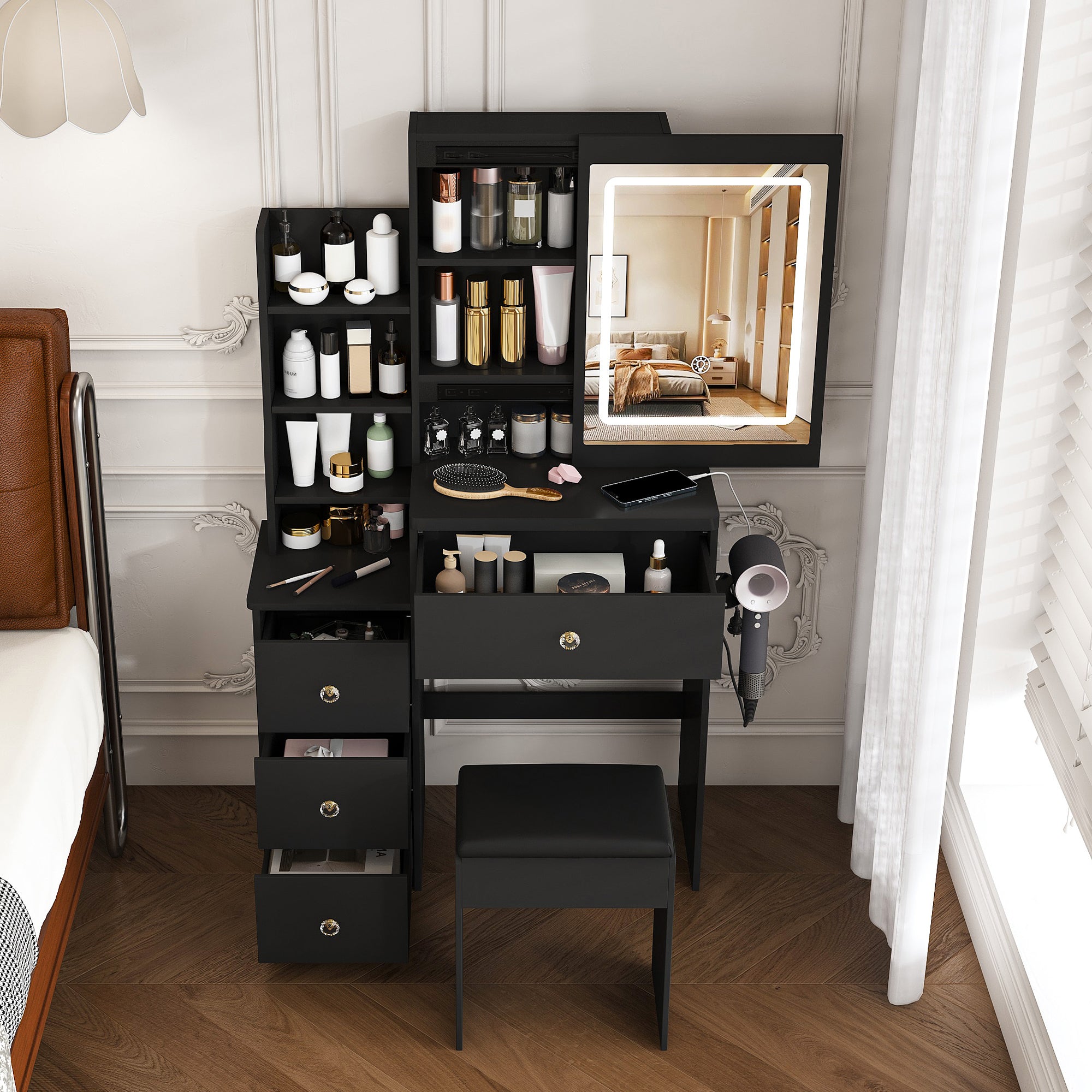 Modern Vanity Desk with 3 LED Lighting Modes, 4 Drawers, Open Shelves, Hair Dryer Holder & Power Socket, Black MDF Dressing Table Set with Chair - Grand Goldman Shop