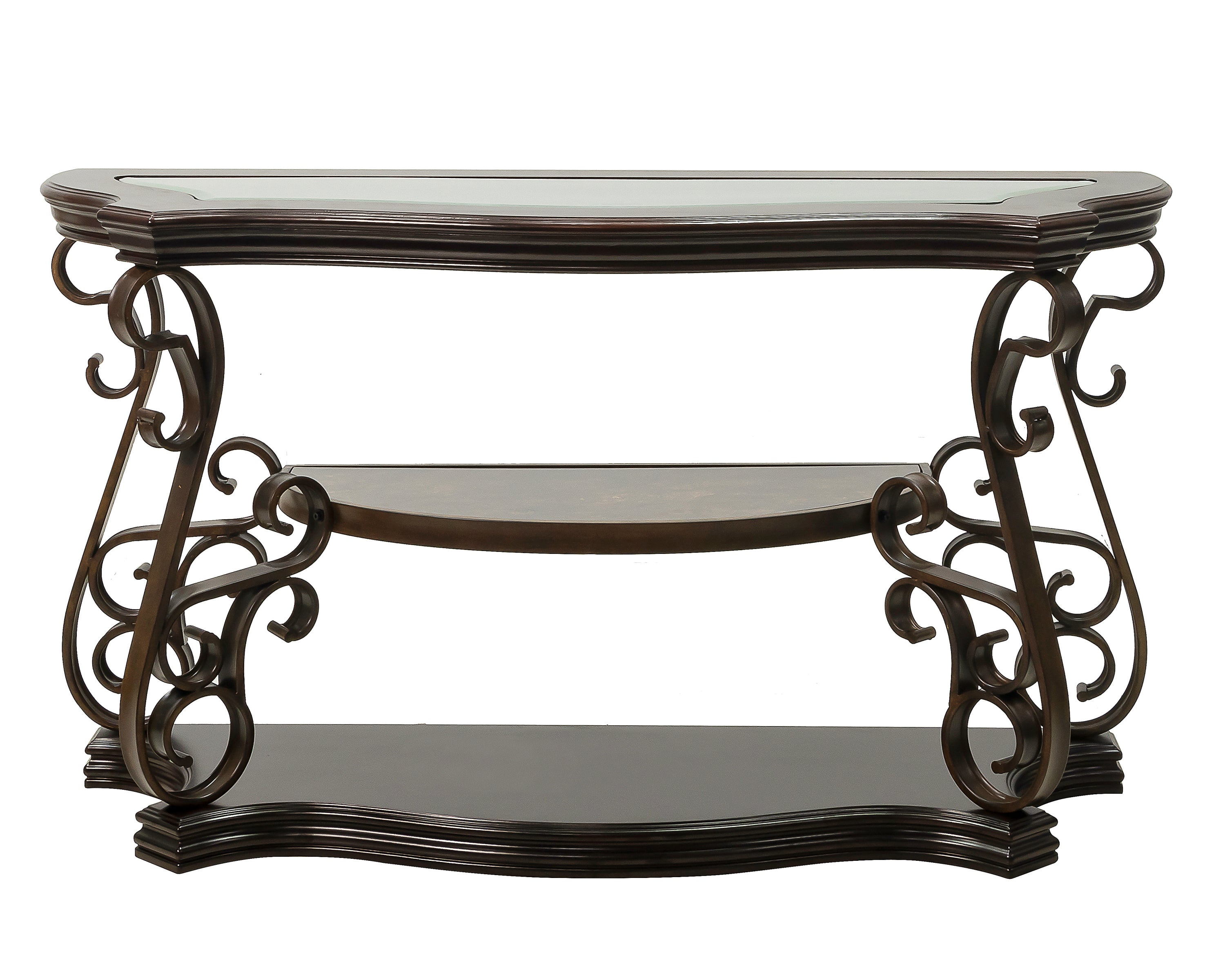 Sofa Table, Glass table top, MDF W/marble paper middle shelf, powder coat finish metal legs. (54'Lx20'Wx30'H) - Grand Goldman Shop