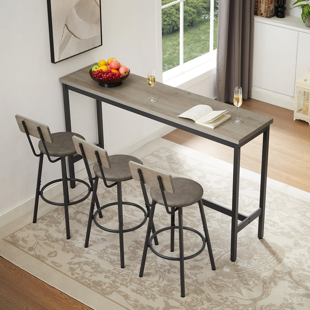 Long Bar Table Set with 3 PU Upholstered Bar Stools, Industrial Bar Table and Chairs for Kitchen Breakfast Table, Living Room, Banquet Hall, Rustic Gray and Black, 63″L x15.7'W x 37.5'H - Grand Goldman Shop