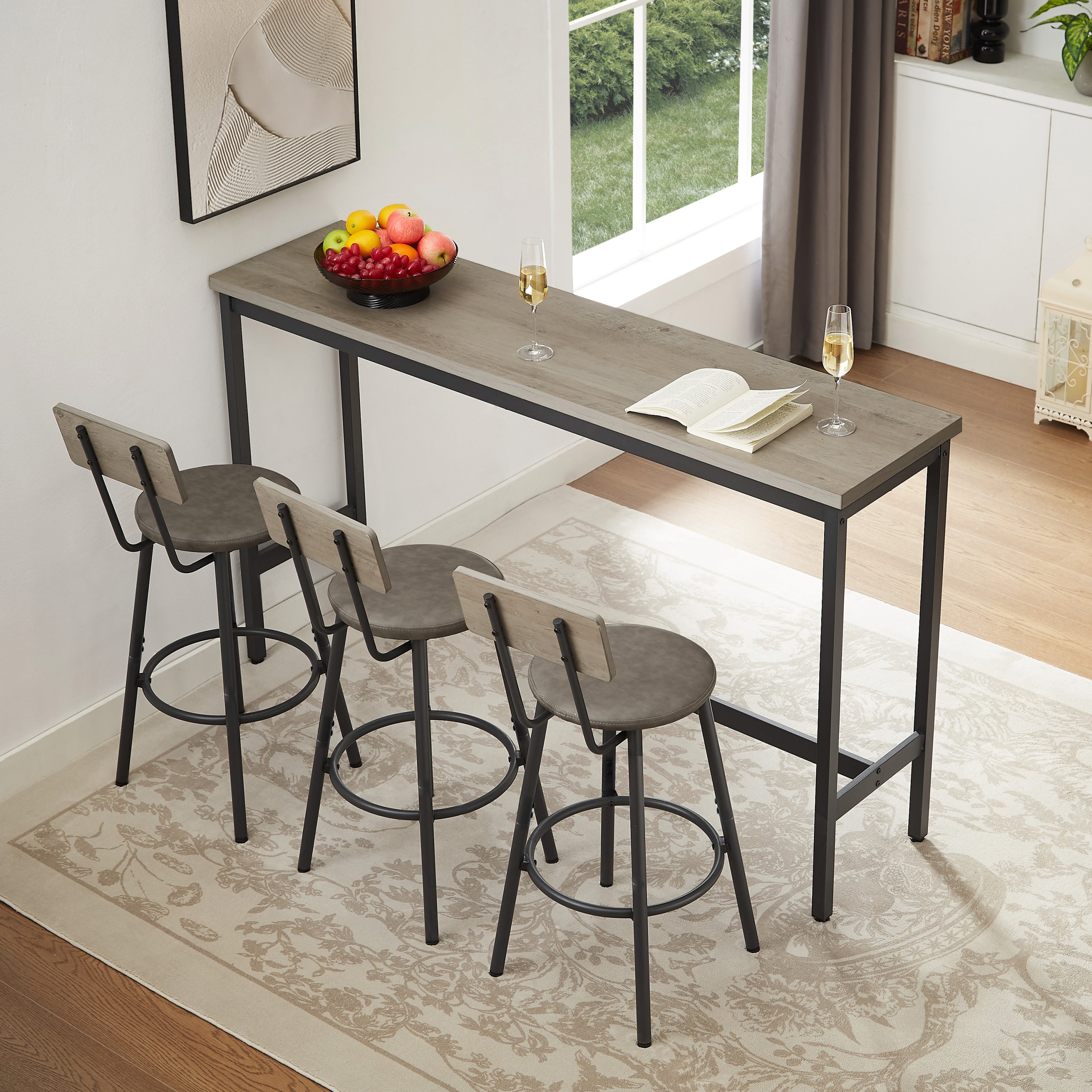 Long Bar Table Set with 3 PU Upholstered Bar Stools, Industrial Bar Table and Chairs for Kitchen Breakfast Table, Living Room, Banquet Hall, Rustic Gray and Black, 63″L x15.7'W x 37.5'H - Grand Goldman Shop