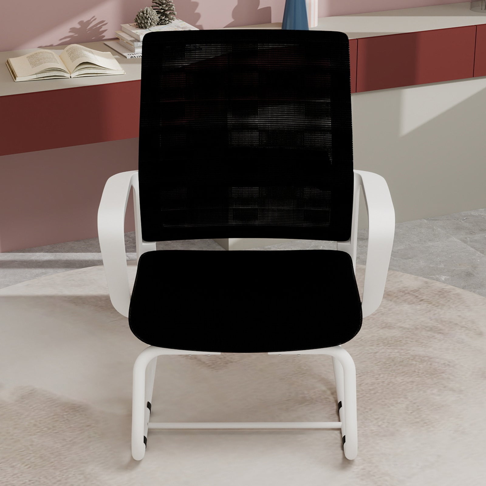 Minimalist Modern Office Chair with Metal Frame, Soft Mesh Backrest, Comfortable Polyurethane Cushion, White+Black, Suitable 