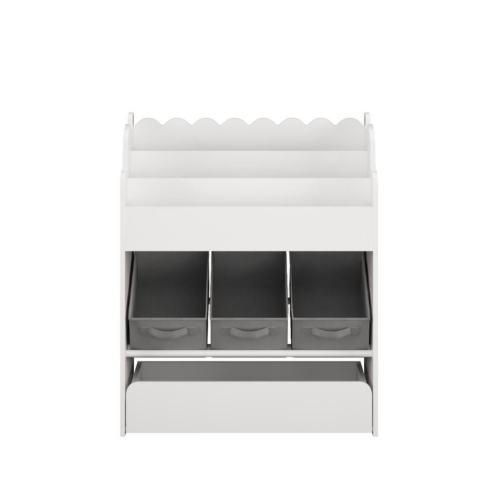 Kids Bookshelf with Storage Bins and Drawer, Multi-Functional Wooden Book Organizer for Toddlers, White Bookcase for Toys, Bo
