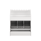 Kids Bookshelf with Storage Bins and Drawer, Multi-Functional Wooden Book Organizer for Toddlers, White Bookcase for Toys, Bo