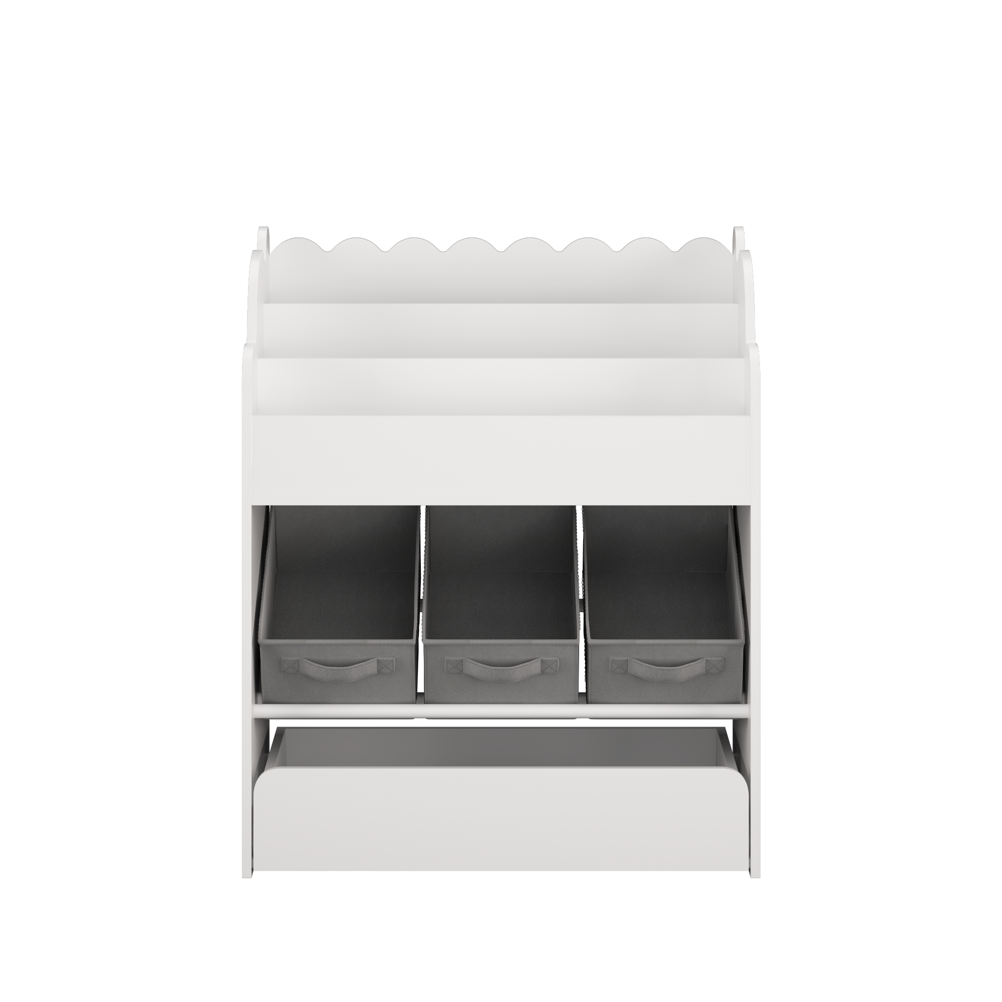 Kids Bookshelf with Storage Bins and Drawer, Multi-Functional Wooden Book Organizer for Toddlers, White Bookcase for Toys, Bo