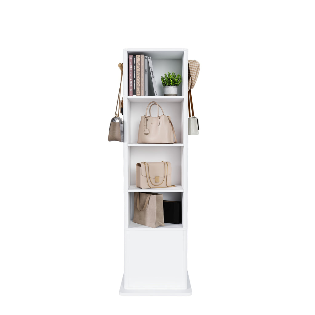 360° Rotating White Makeup Cabinet with Full-Length Mirror, Jewelry Storage, Coat Rack, 4 Open Shelves, 2 Built-In Shelves, MDF and Glass - Grand Goldman Shop