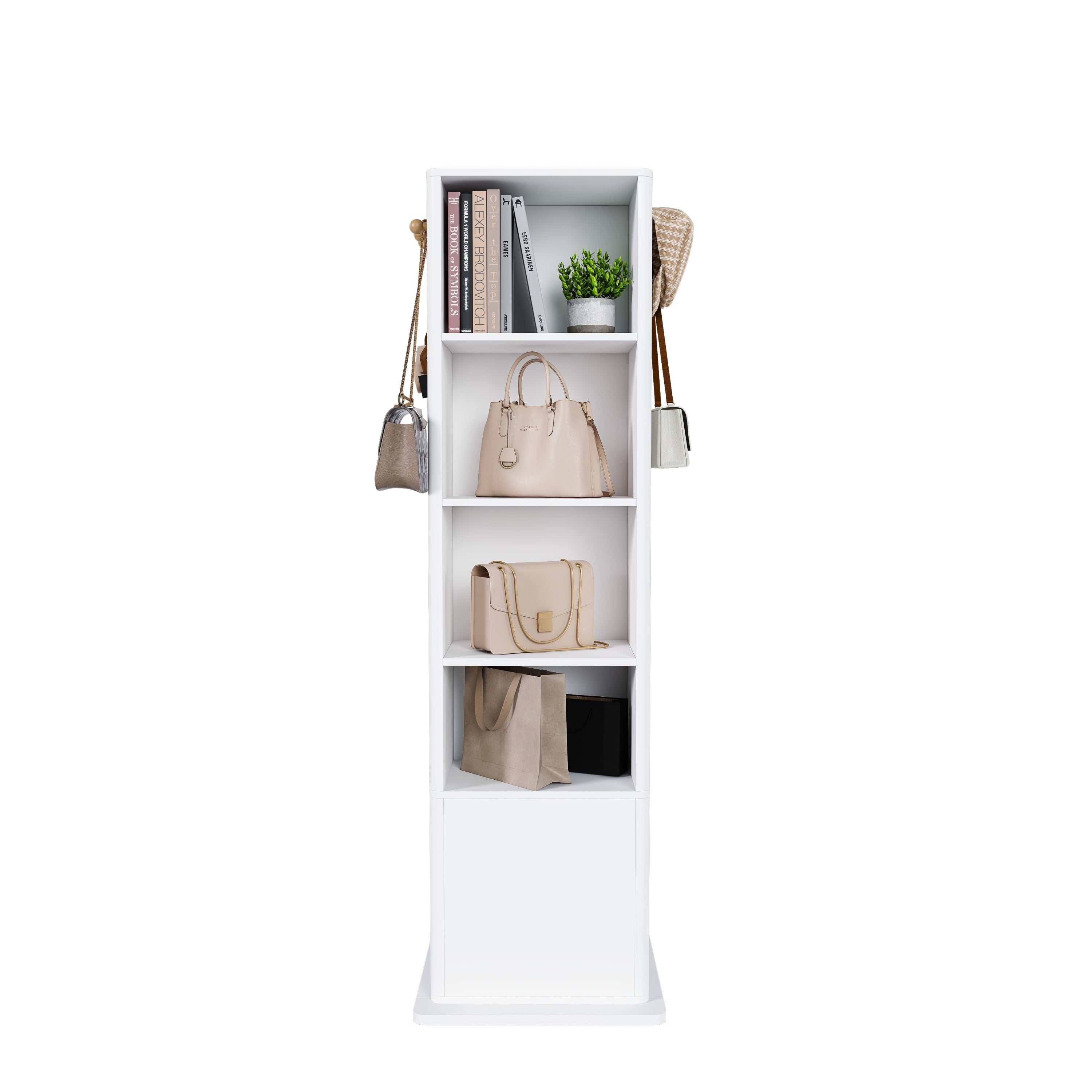 360° Rotating White Makeup Cabinet with Full-Length Mirror, Jewelry Storage, Coat Rack, 4 Open Shelves, 2 Built-In Shelves, MDF and Glass - Grand Goldman Shop