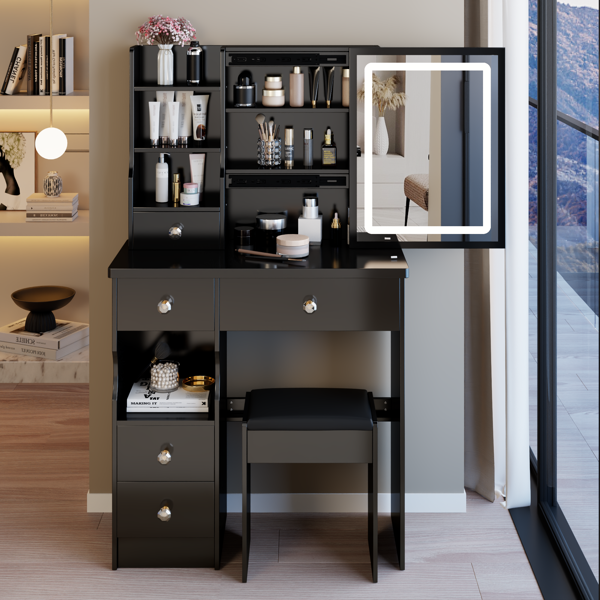29.2' Small Size Desktop LED Light Vanity Table + Cushioned Stool, Large Sliding, Touch Control, Tri-color Switching, Brightness Adjust LED Mirror, High Capacity Storage, EPA, GCC, UL Certificate - Grand Goldman Shop