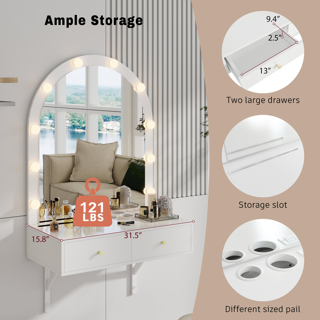 Floating Makeup Vanity Desk with Mirror & 3-Color Lights, Wall Dressing Table with Power Outlet, Compact vanity, Large Storage, White - Grand Goldman Shop