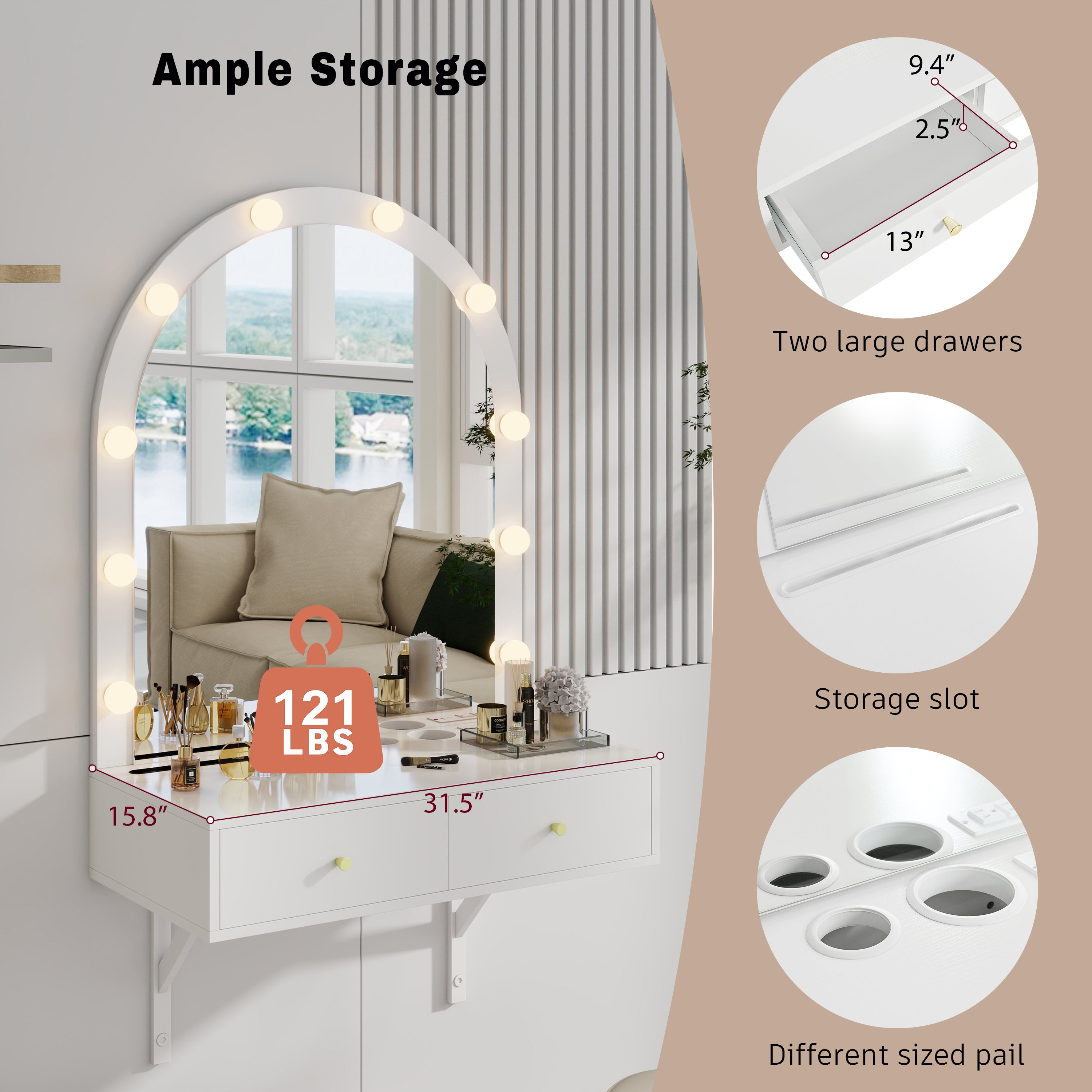 Floating Makeup Vanity Desk with Mirror & 3-Color Lights, Wall Dressing Table with Power Outlet, Compact vanity, Large Storage, White - Grand Goldman Shop