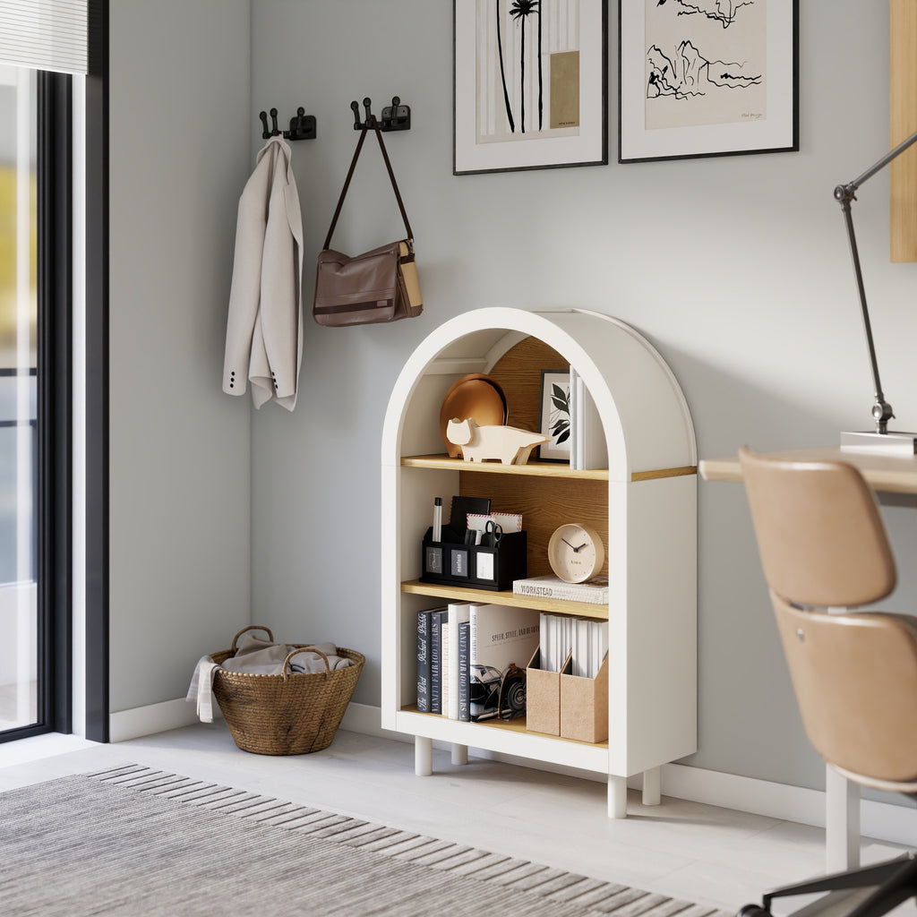 Arched Small Bookcase,Arched Storage Cabinet,Wooden Modern Arched Top Bookshelf with 3 Shelves,White with Woodgrain Shelves, 3-Tier Storage Shelf for Living Room, Bedroom, Entryway - Grand Goldman Shop