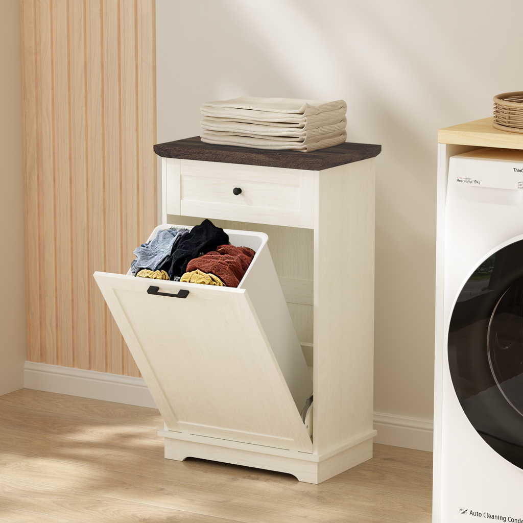 10 Gallon Tilt Out Trash Cabinet Freestanding Trash Bin Cabinet Wood Garbage Recycling Cabinet with Drawer Pet Proof Trash Can Holder for Kitchen Living Room, Antique White (Not include trash can) - Grand Goldman Shop