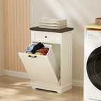 10 Gallon Tilt Out Trash Cabinet Freestanding Trash Bin Cabinet Wood Garbage Recycling Cabinet with Drawer Pet Proof Trash Can Holder for Kitchen Living Room, Antique White (Not include trash can) - Grand Goldman Shop