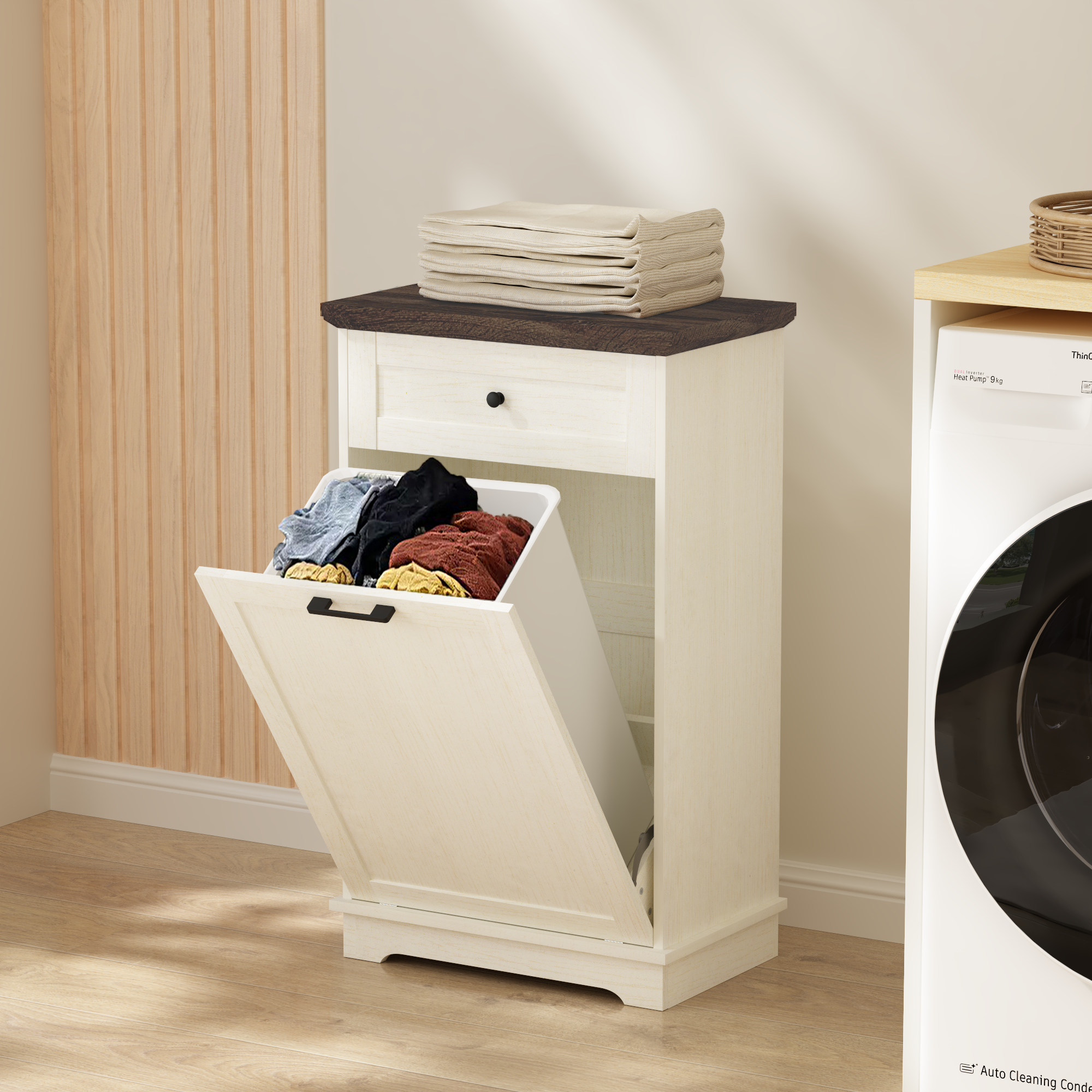 10 Gallon Tilt Out Trash Cabinet Freestanding Trash Bin Cabinet Wood Garbage Recycling Cabinet with Drawer Pet Proof Trash Can Holder for Kitchen Living Room, Antique White (Not include trash can) - Grand Goldman Shop