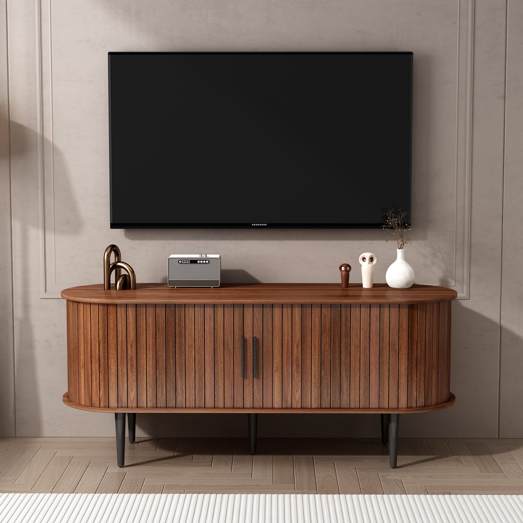 TV Stand, 47' Modern TV Console Table with Storage Compartment and Sliding Door, Gaming Entertainment Center with Cabinet for Living Room, Bedroom, Office (Walnut) - Grand Goldman Shop