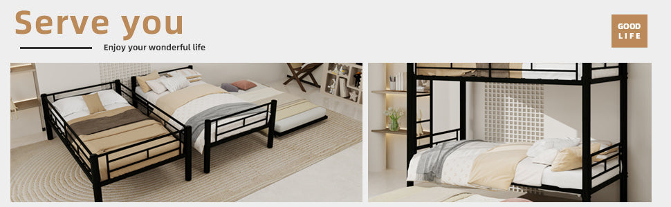 Heavy-duty Sturdy Metal Twin over Twin Bunk Bed with Noise Reduction, Safety Guardrail, No Box Spring Needed, Black - Grand Goldman Shop