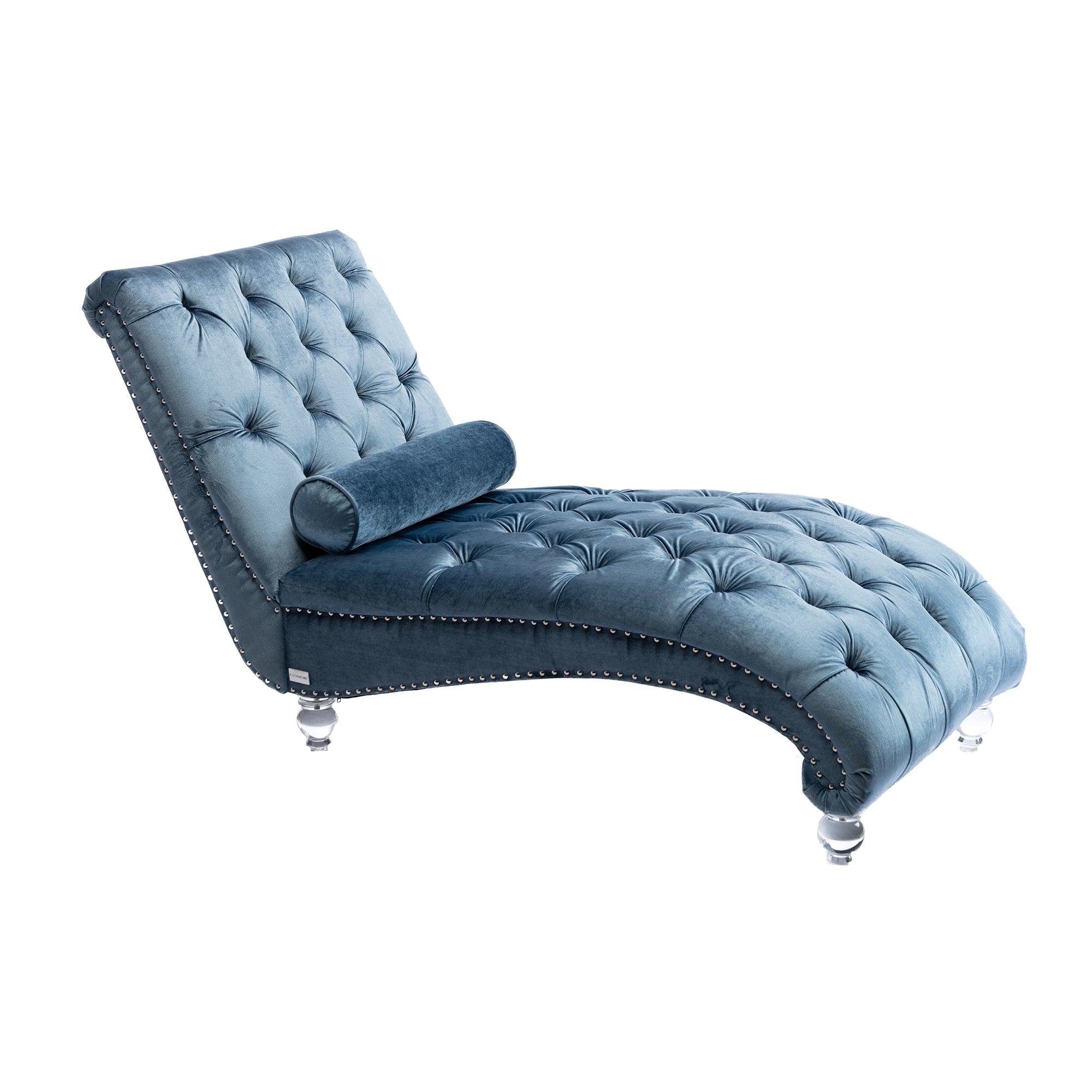 Velvet Chaise Lounge Chair with Pillow, Button-Tufted Upholstered, Light Blue, Solid Wood Frame, Acrylic Legs - Grand Goldman Shop