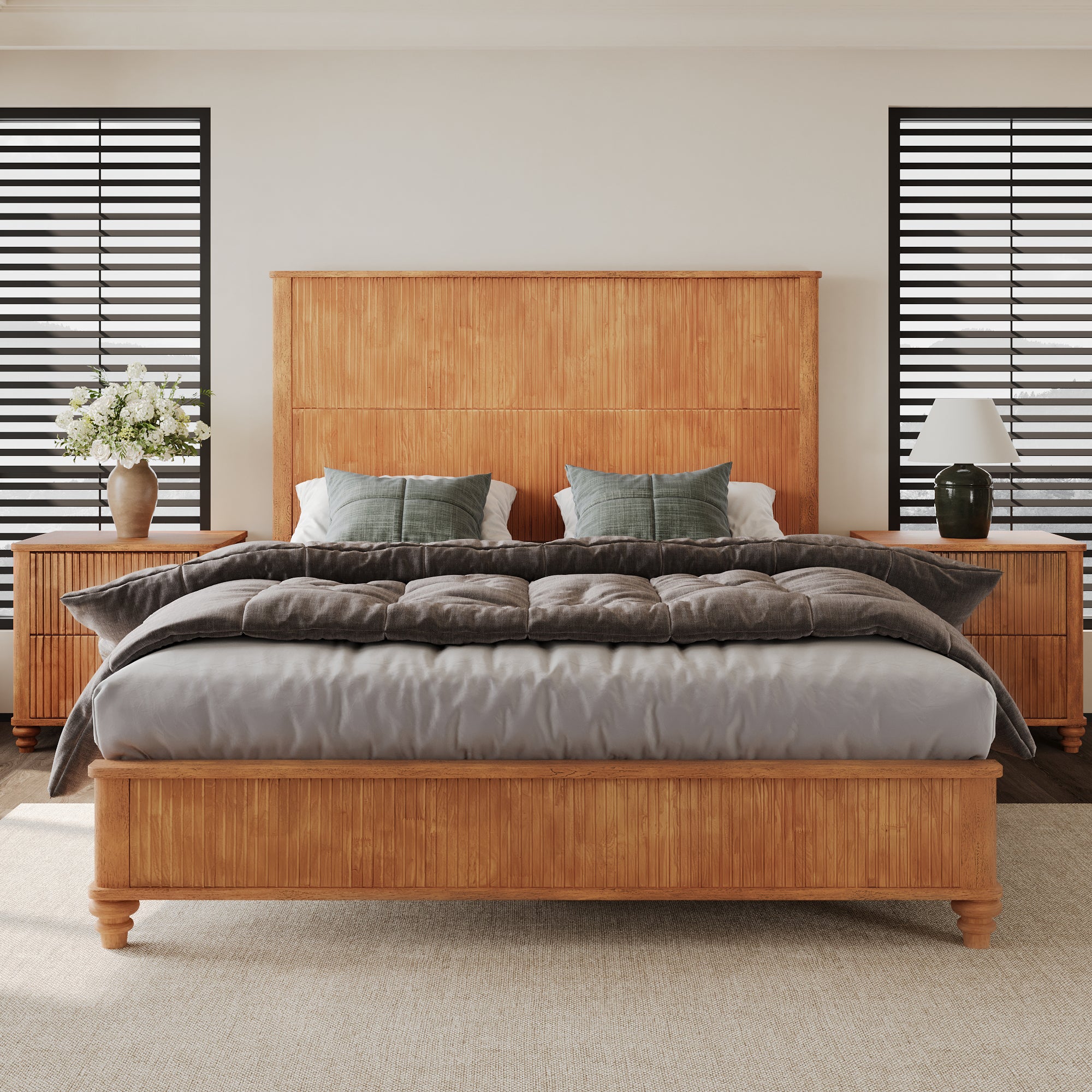 3-Piece Bedroom set with a Queen Size Bed and 2 Nightstands, Natural - Grand Goldman Shop