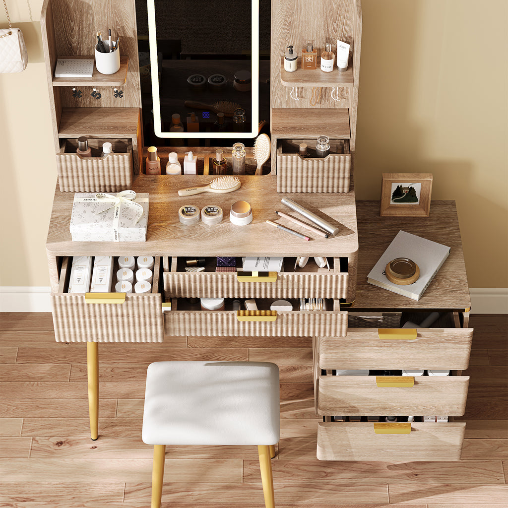 7-Drawer Vanity Desk with LED Mirror & Carved Details, Fluted Makeup Table with Metal Legs and PU Stool, Carved Dressing Table with Jewelry Storage for Bedroom - Grand Goldman Shop